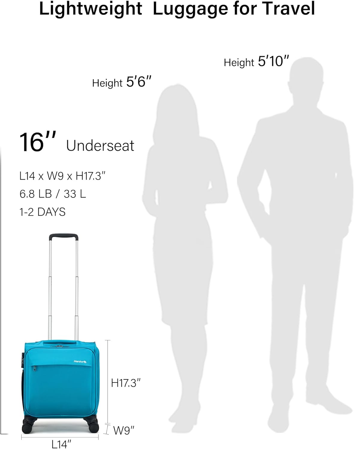 Hanke 16 Inch Underseat Carry On Luggage with Wheels Small Suitcase Softside Luggage Bags for Travel Lightweight Suitcases with Wheels Travel Luggage Personal Item for Men and Women(Caribbean Blue)