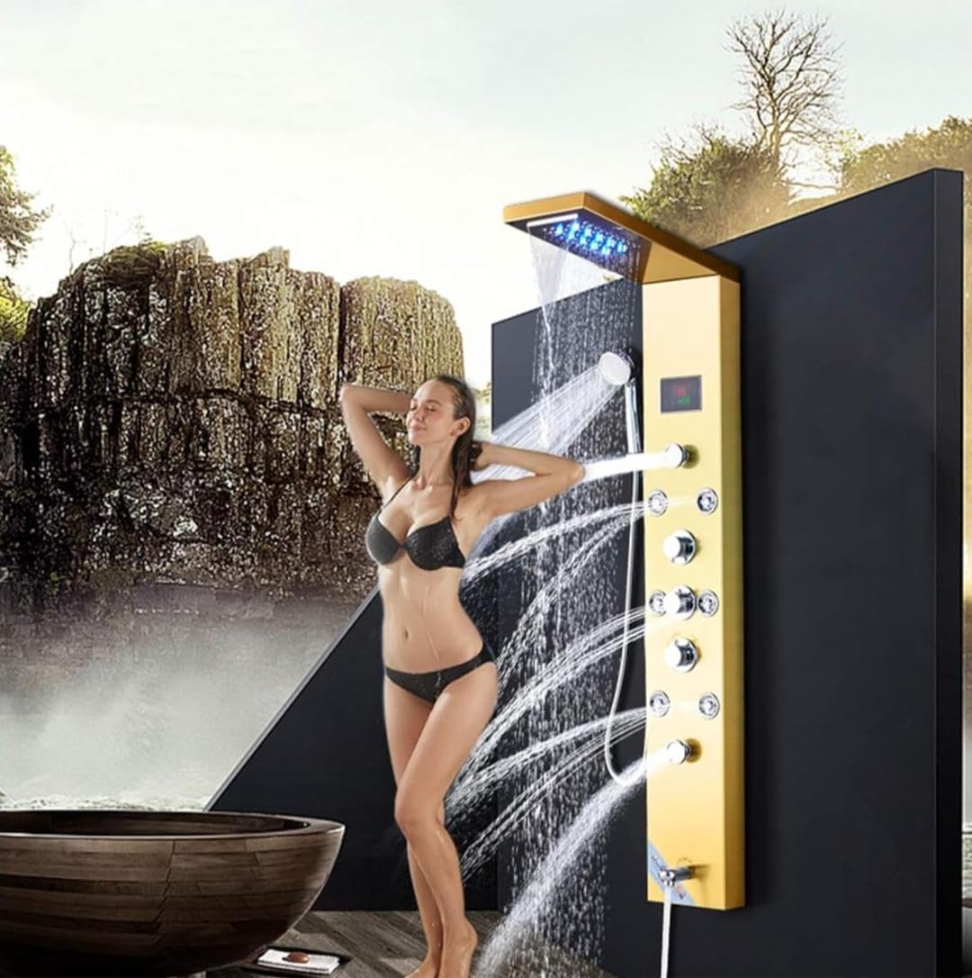 Stainless Steel 304 Grade Shower Panel 6 in 1 Tower System With LED Rainfall Shower Body Massage Spray SS Handheld Shower Temperature Display Easy Connect Shower Panel Mirror Finish (GOLD)