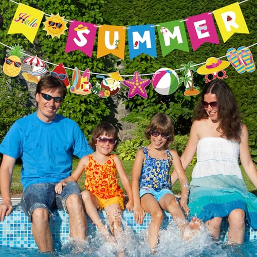 Image of Hello Summer Banner Beach Patterns Colorful Summer Pool Party Bunting Garland Banner Hanging Beach Decor for Kids Holiday Birthday Party Decorations Indoor Outdoor Home Office School Classroom