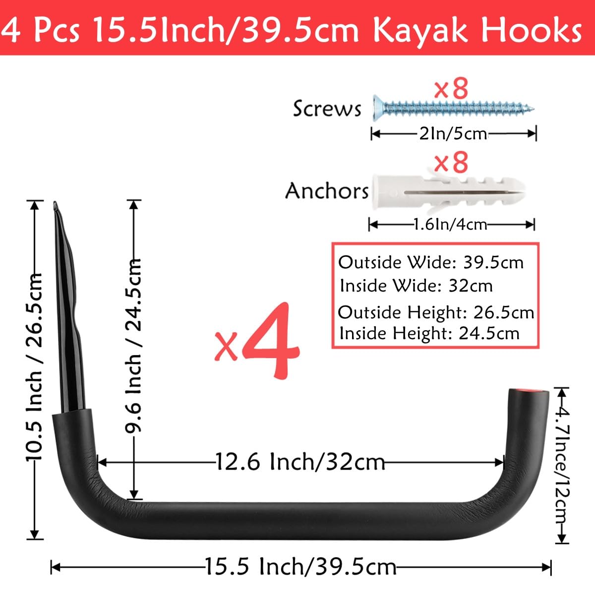 Garage Storage Kayak Hooks, 39.5cm Heavy Duty Storage Hanger, Wall Mounted Rack for Hanging Canoe Paddleboard Surfboard - Image 2