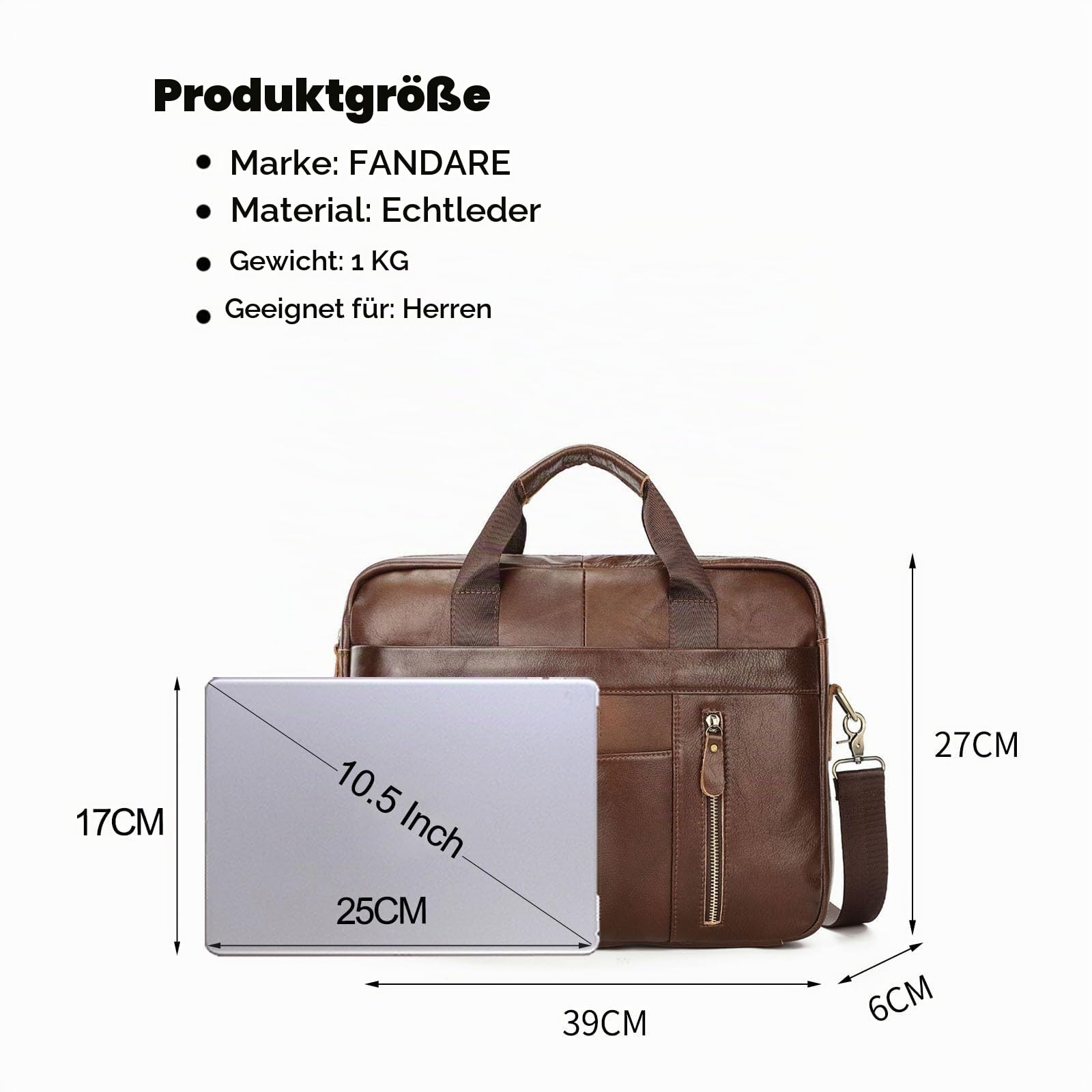 FANDARE Herren Aktentasche Umhängetasche Leder Mann 15.6 Zoll Laptoptasche Damen Henkeltasche Arbeitstasche Business Handtasche Tragetasche Schultertasche Leder Messenger Crossbody Briefcase Braun