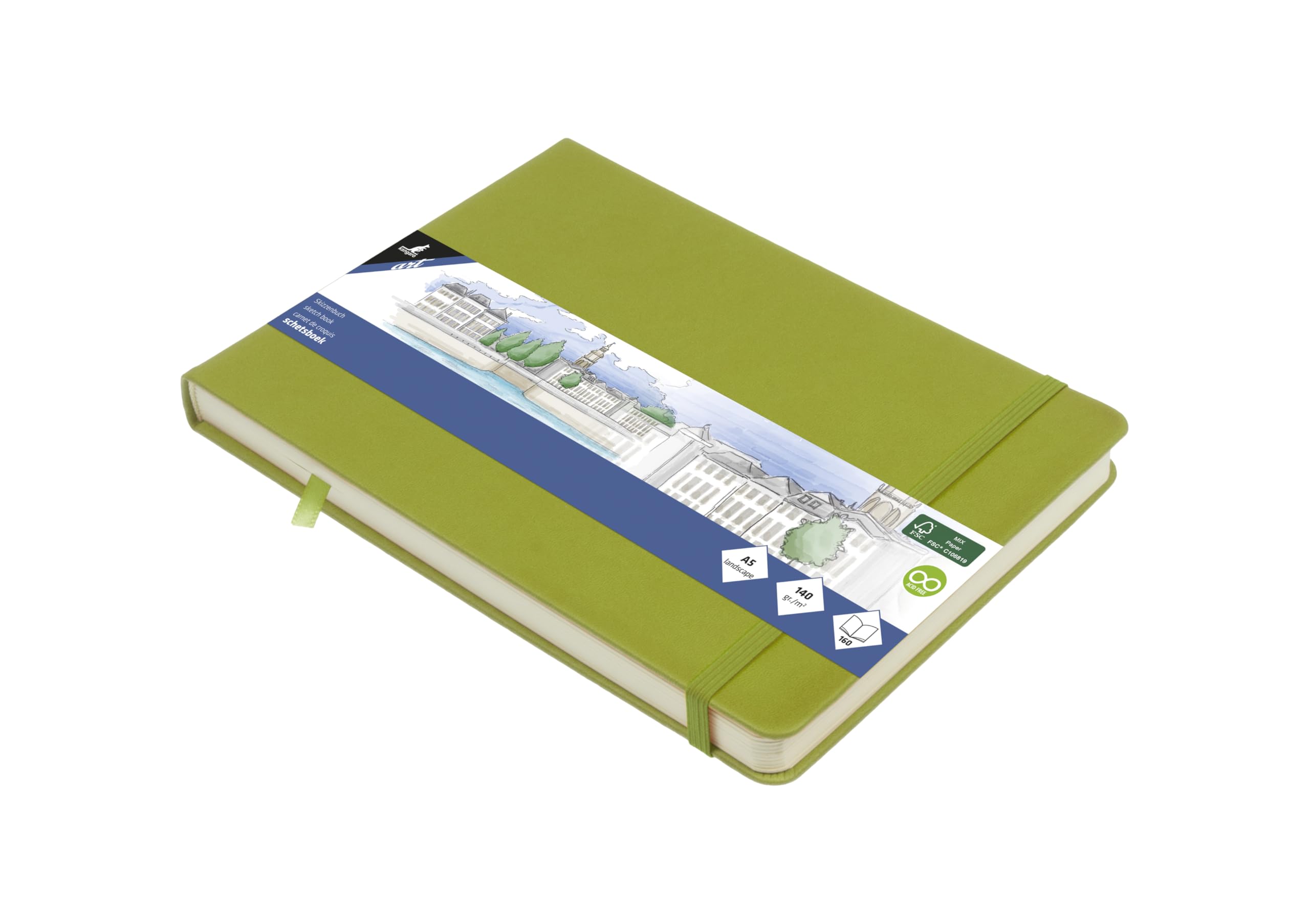 Kangaro Lime Green A5 Landscape Sketchbook Pu Hard Cover 80 Sheets 140 G Cream Paper With Elastic Band And Ribbon