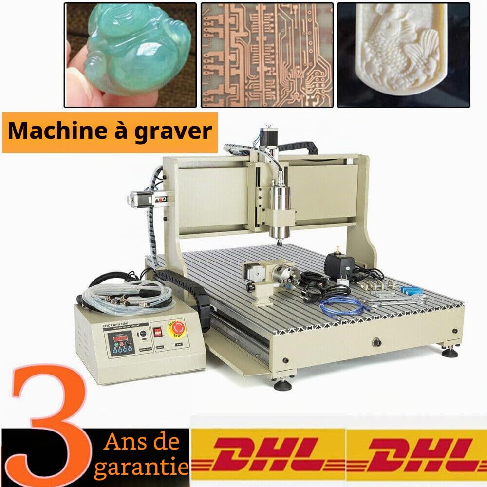 CNC DIY 6090 Machine à graver, Fraiseuse 4 axes Fraise CNC Kit Machine Dispositif de gravure 2200W avec USB Machine à graver Routeur pour métal, verre, bois, pierre