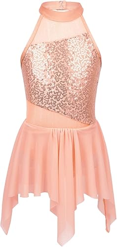 Miniatura 5 de YiZYiF Vestido de baile de lentejuelas para niñas y niñas, leotardo de ballet, cuello alto, vestido de lírica, traje de rendimiento irregular