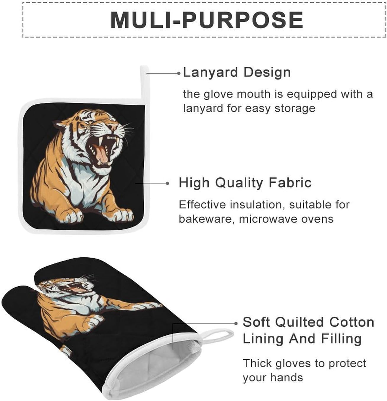 Tiger 4 Pcs Oven Mitts and Pot Holders Set High Heat Resistant Long Kitchen Oven Glove Potholders