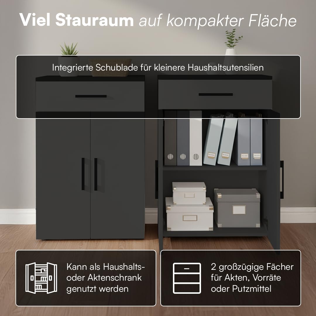 Bellamio Apol Mehrzweckschrank schwarz – Büroschrank 60cm breit – Aktenschrank Holz mit 1 Schublade 2 Fächer – kleines Bücherregal für Flur/Büro/Wohnzimmer – Aufbewahrungsschrank 88cm hoch