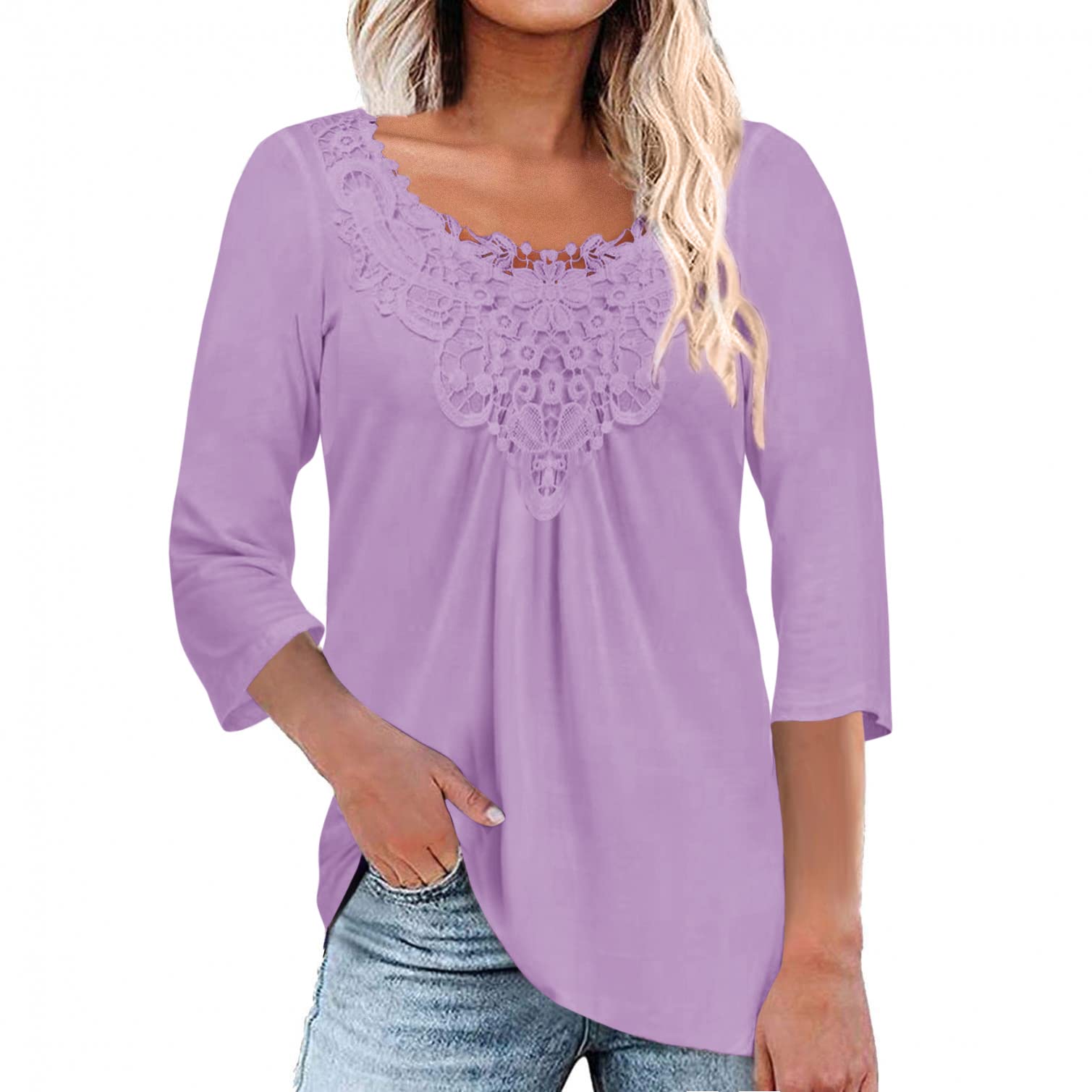 (Size Small, ROSE COLOR) Dakouaey Women's Tops Casual V Neck Lace Crochet 3/4 Sleeve Shirts Loose Flowy Tunic Tops Blouses S-4XL