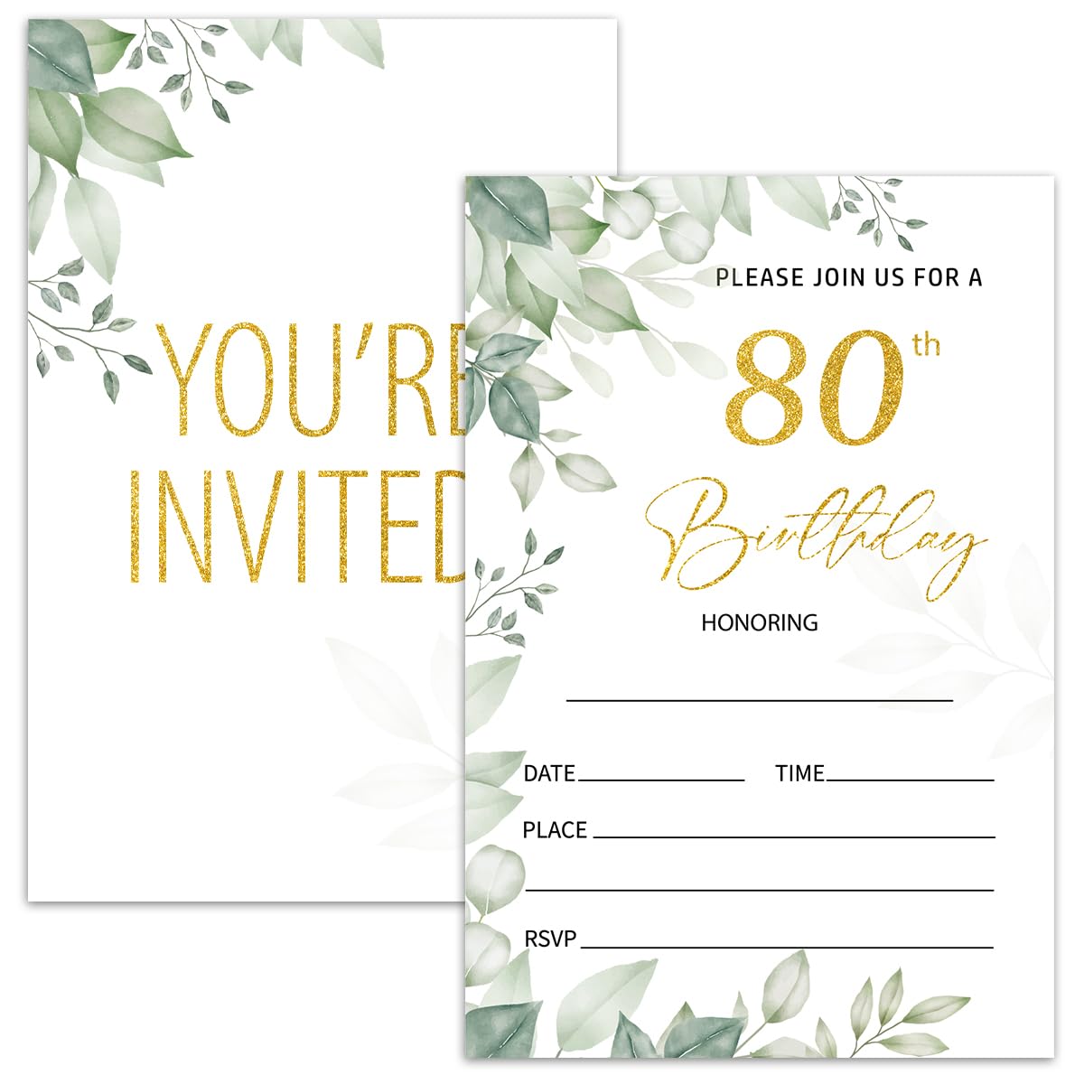 Nopoben 80th Greenery Birthday Invitation Cards for Women Men, 80 Years Old Birthday Invites for Adult, Party Supplies Favors, 20 Cards With 20