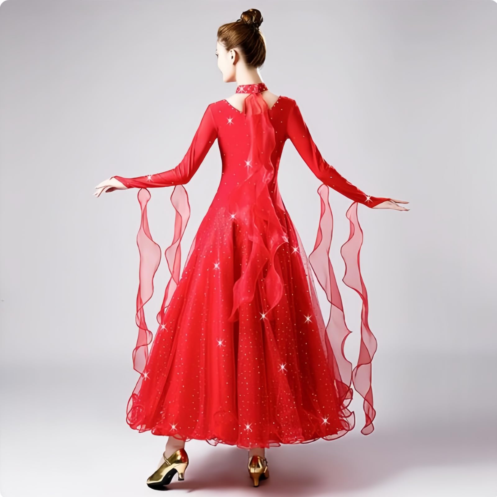 Ballsaal Tanzkleid Für Damen, Elegantes Langarm Tanzkleid Für Walzer Und Tango Modisches Tanzkleid Mit Rundhalsausschnitt Und Strass Für Tango Cha-Cha Rumba Salsa Und Partys