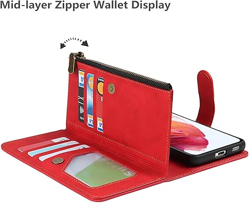 Miniatura 7 de iCoverCase Funda tipo cartera para Samsung Galaxy S21 5G con tarjetero, 2 en 1, de piel sintética, con cierre magnético, bolsillo con cremallera, a