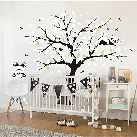 SaYaLa Cherry Blossom Panda Wall Decal - Children's Room Interior Design - Nursery Wall Decals for Kids Room with Tree and 3 Little Bears (White) Cover