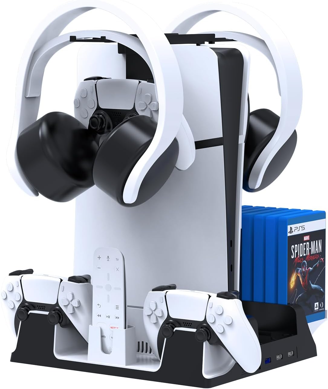 JOYTORN PS5 Vertical Stand with Cooling Fan and Dual Controller Charger Station for PlayStation 5/Slim Console, PS-5 Accessories with Headset Hooker,14 Game Rack Storage, Media Remote Organizer