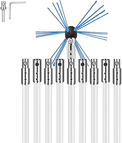 Botabay Kit de barrido de chimenea, 30 pies, cepillos rotativos para barrido de chimeneas, kit de limpieza de chimenea, con 9 varillas flexibles de