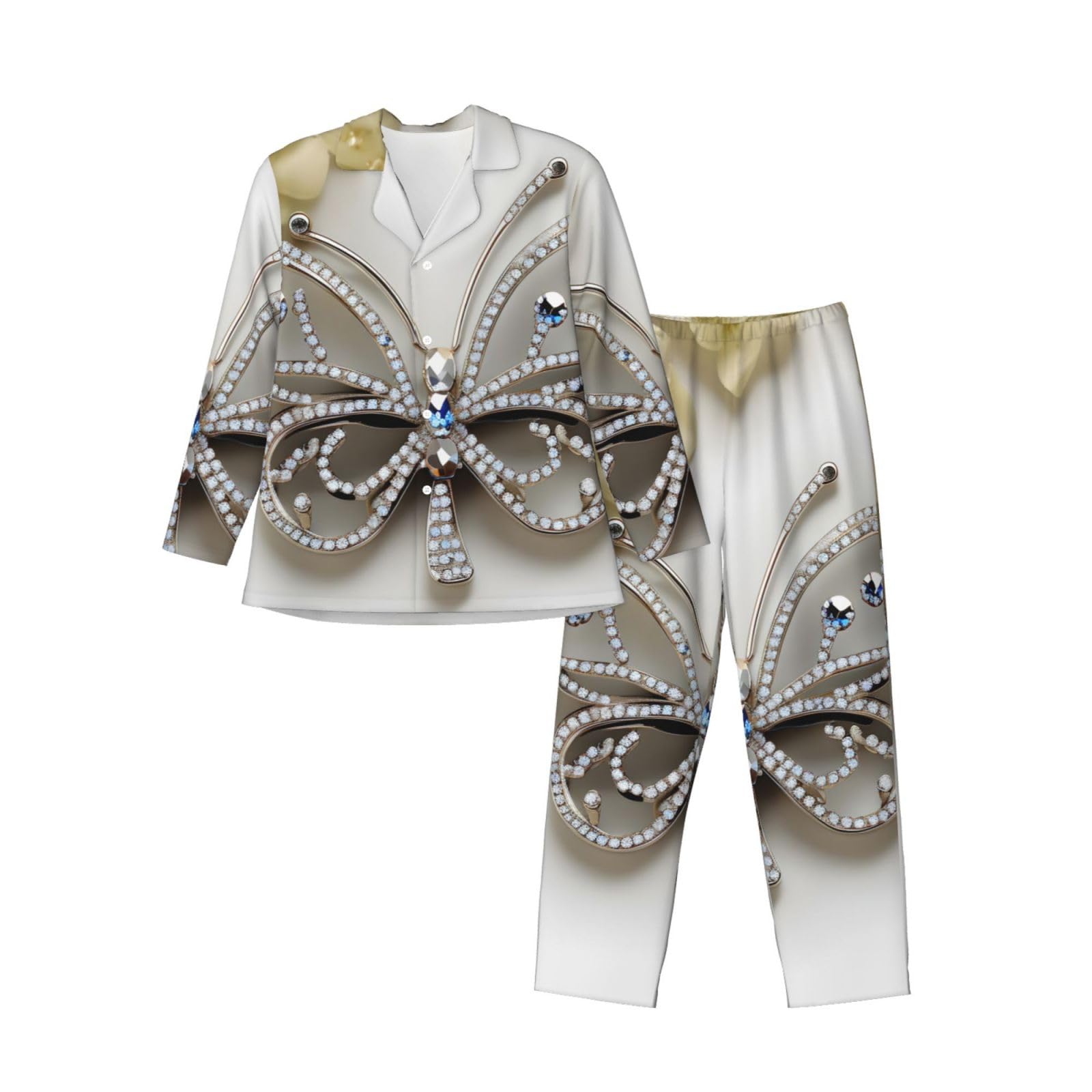 Conjunto de pijama de manga larga para hombre, diseño de mariposa y flores con diamantes de imitación, transpirable, cómodo