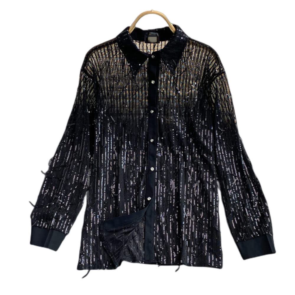 Damen-Hemd Mit Knopfleiste,Damen Satin Bluse Shirt Weiß Quaste Pailletten Langarm Vintage Mode Seidenhemden Business Hemd Mit Knopf Sexy Party Tops Lässige Arbeit Bürobluse Für Mädchen Damen