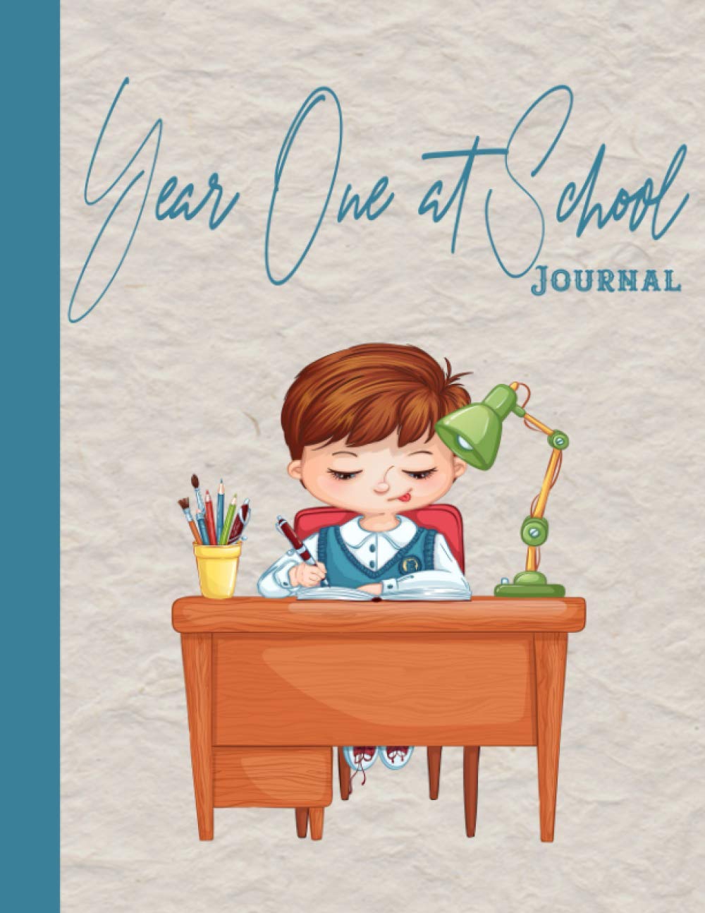 Year one in school journal: The perfect keepsake diary to record all of your memories of your first year in school -Little boy studying at at desk in classroom cover art design Paperback – 1 December 2020