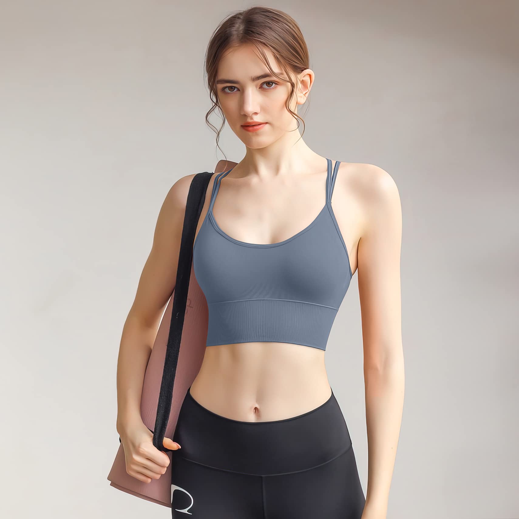 Sujetadores deportivos acolchados para mujer, tirantes cruzados, para yoga, entrenamiento, fitness, correr, gimnasio, parte superior de bajo impacto, Paquete de 3 negro, blanco, azul, Large