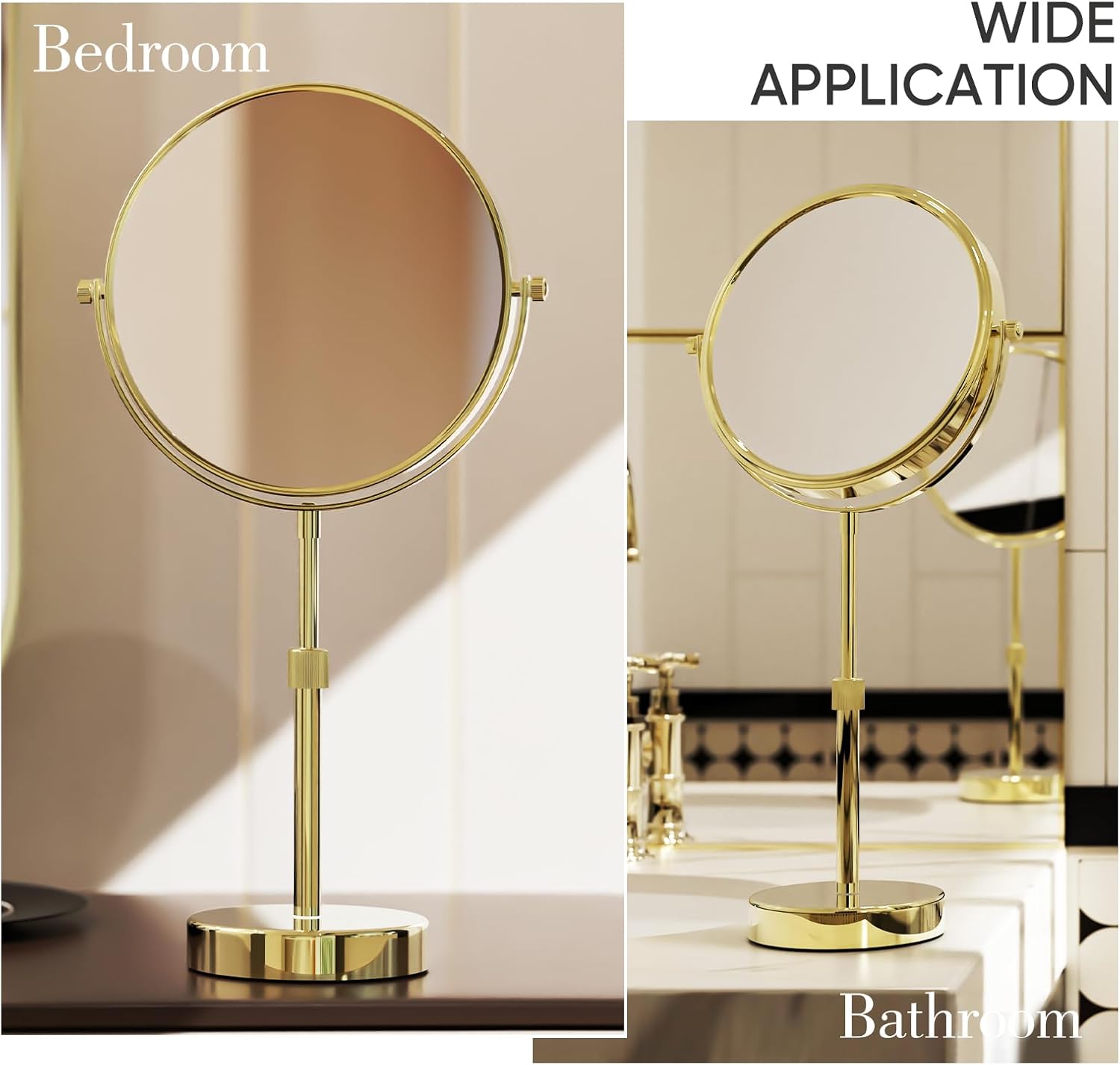 Nicesail Height Adjustable 15~19” Tall Table Mirror, 1X 10X Magnifying Mirror Double Sided for Makeup&Shaving, Desk Vanity Mirror Tabletop 360 Rotation of 8” Face, Bathroom Shiny Gold Makeup Mirror