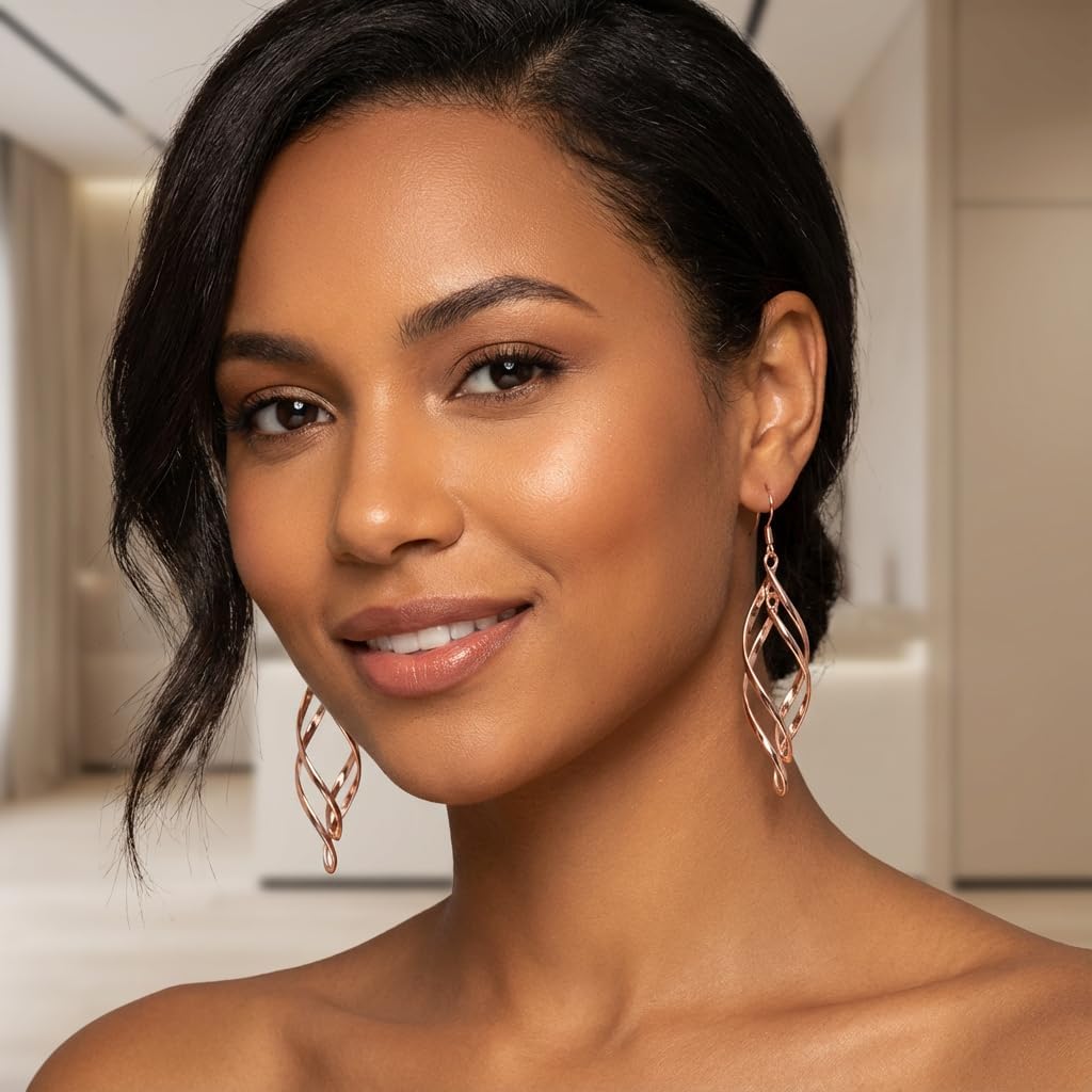 Rose Gold Dangle Earrings for Women, 14K Rose Gold Plated Twisted Teardrop Drop Earrings, Trendy Long Chandelier Minimalist Jewelry Gift for Her, Elegant Sleek Linear Dangles - Image 3