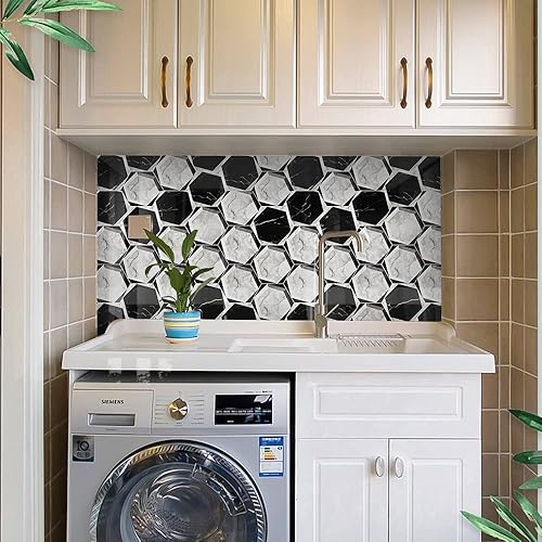 Miniatura 6 de QIMAY Papel tapiz hexagonal 3D de azulejos de mármol blanco y negro brillante para cocina, 17.3 x 197 pulgadas, papel de contacto autoadhesivo