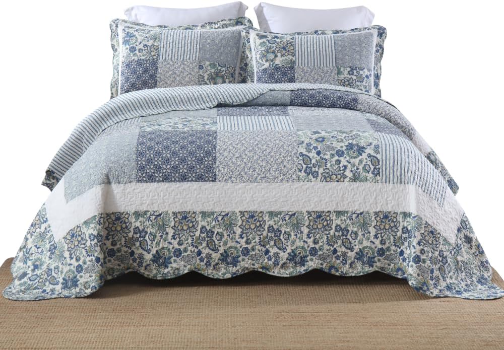 Cotton Bedspread Quilt Bedding Sets 3 Pieces Reversible Coverlet Sets Comforters Vintage Floral Patchwork Blue Bedspread (Blue Vintage Floral, Queen Size)