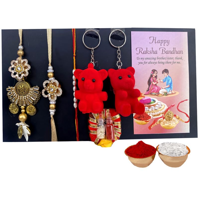 Image of NUTRI MIRACLE Rakhi & Dry Fruit Combo Gift Hamper for Brother with Tilak Set, Assorted Chocolates and Greeting Card
