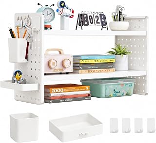 White 2-Tier Metal Desk Organizer with Pegboard & 6 Accessories, 20" × 15" × 8" Adjustable Desktop Storage Shelf for Office, Study & Student Desk