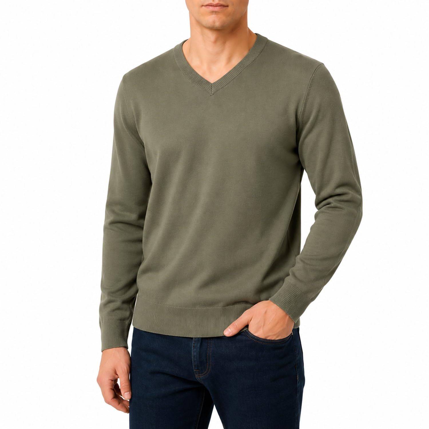 Castle Point Men's Cotton V-Neck Jumper Knitted, Khaki - V Neck, XXL
