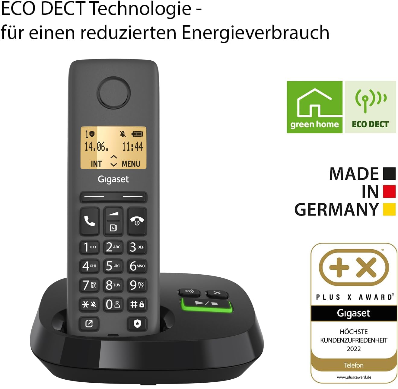 Gigaset Pure 120A - telefon bezprzewodowy - telefon DECT z automatyczną sekretarką - podświetlany ekran - kompatybilny z aparatami słuchowymi, ochrona przed niepożądanymi połączeniami, czarny antracyt