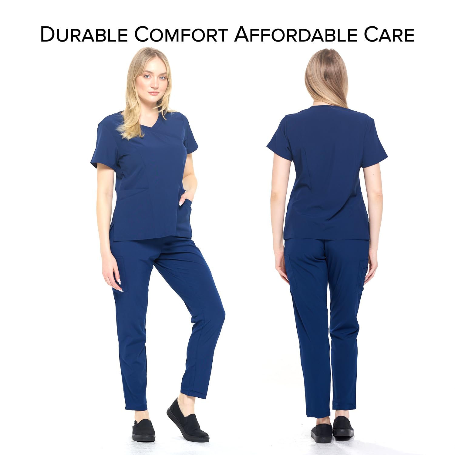 Dagacci Medical Uniform Women's Scrub Set 4-Way Stretch Y-Neck Stitch Tape Top and Pants (Navy Blue, Medium)