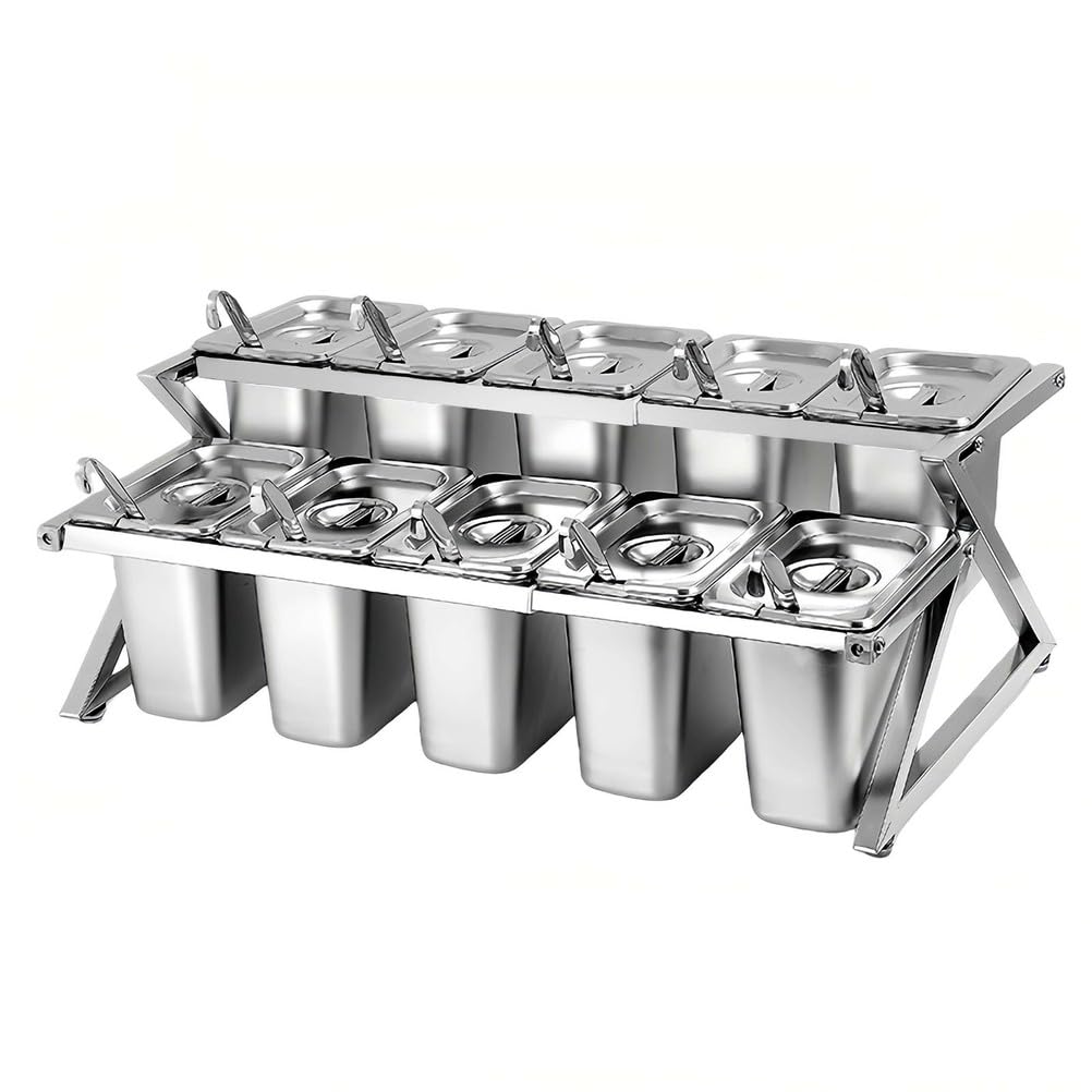 Aycdl Silver Spice Organizer - Double Layer Stainless Steel Storage Rack With Lids And Spoons For Efficient Ingredient Prep,-17