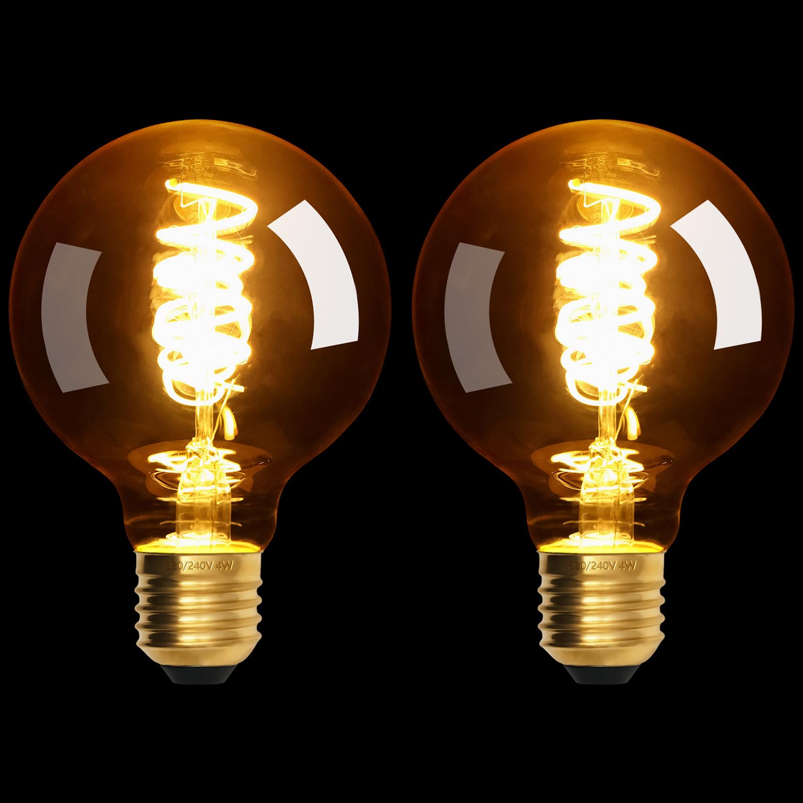 Terafeels 2 Pack E27 Vintage LED Light Bulbs, G80, 4W, Spiral Filament, 2700K Warm White Glow, Amber Glass, Dimmable Edison Screw in Light Bulb