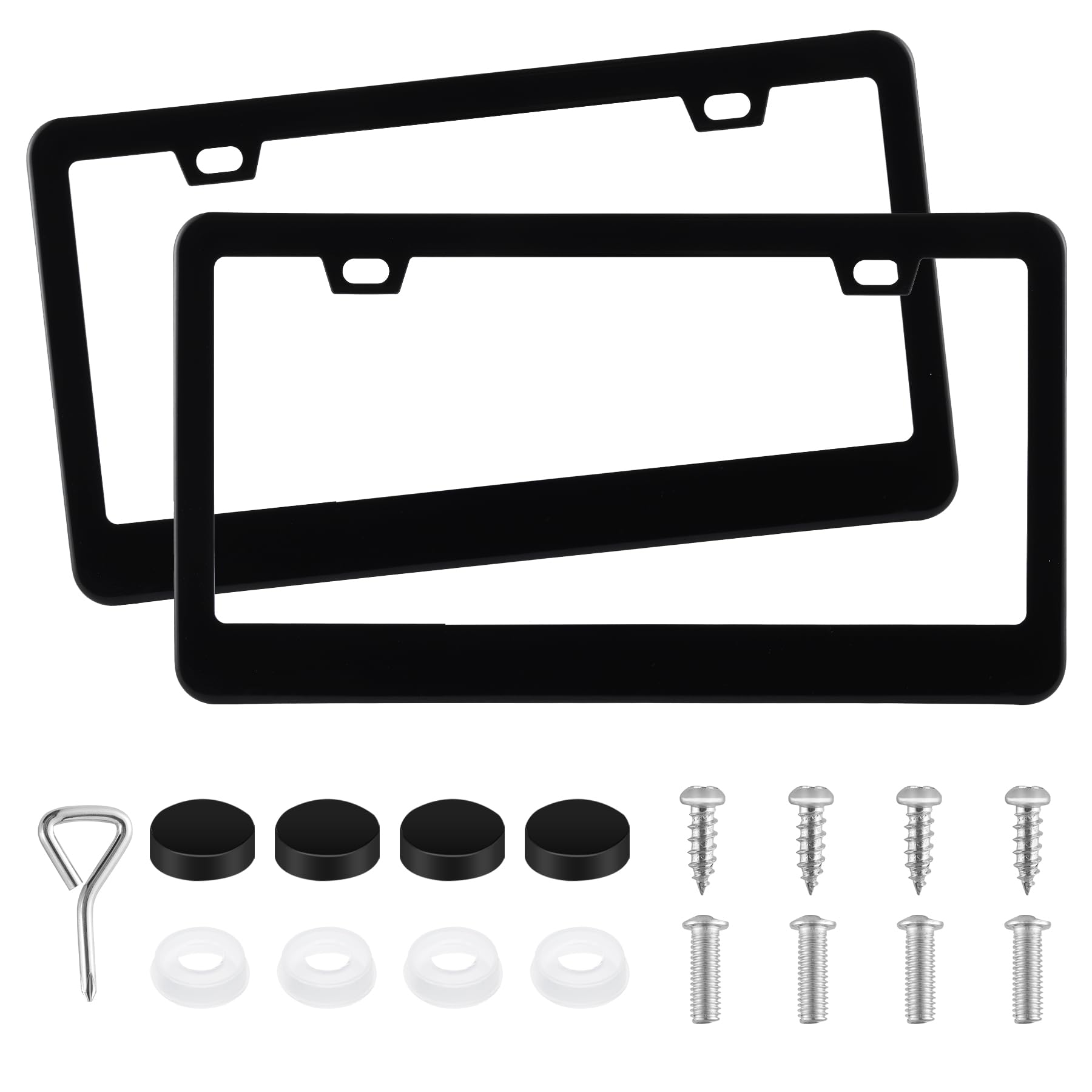 Amiss 2 Pack Solid Rust-Proof License Plate Frame, 2 Square Holes Stainless Steel Licenses Plate Covers Protector Frame with Screw Caps for Women & Man, Automotive Exterior Accessories (Black)
