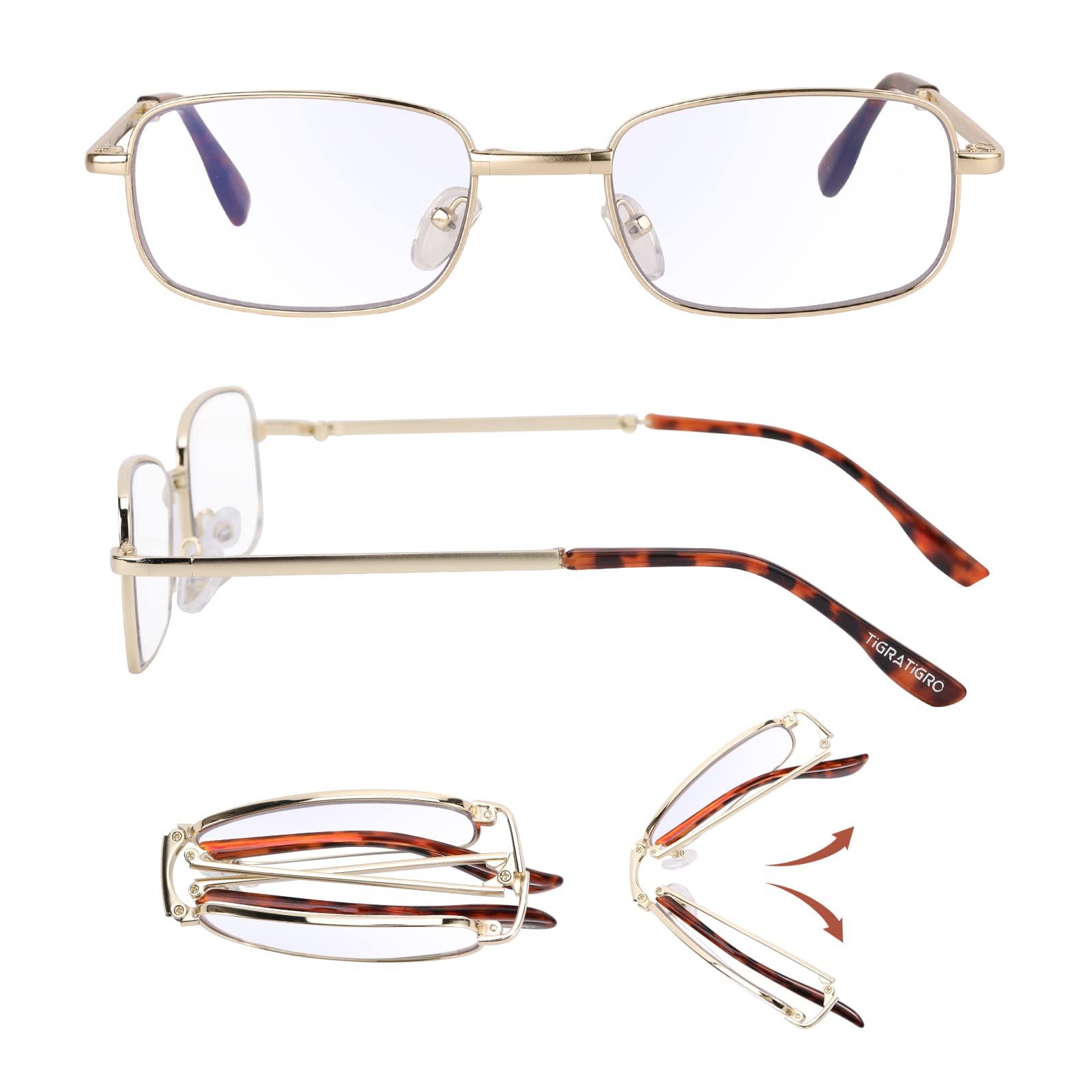 tigratigro Gafas de lectura plegables presbicia anti luz azul y UV con lentes antirreflejos para hombre y mujer, la estructura de metal presenta un estilo de moda