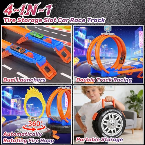 Image of Toy Car Race Track Set for Kids Ages 4-8, Stunt Tire-Shaped Case Transforms into Race Course, 6 Cars in 1:64 Scale, 2 Ways to Play, Action Loop Cyclone Challenge & Speed Snap Track