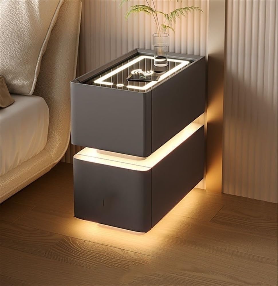 Table de chevet étroite à LED grise 40x40x50cm avec double tiroir de rangement