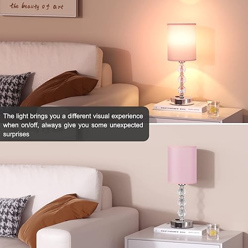Miniatura 6 de Lámparas de noche rosadas táctiles para dormitorios, lámpara de mesa de cristal con puerto de carga USB C+A y mesita de noche de salida de CA,