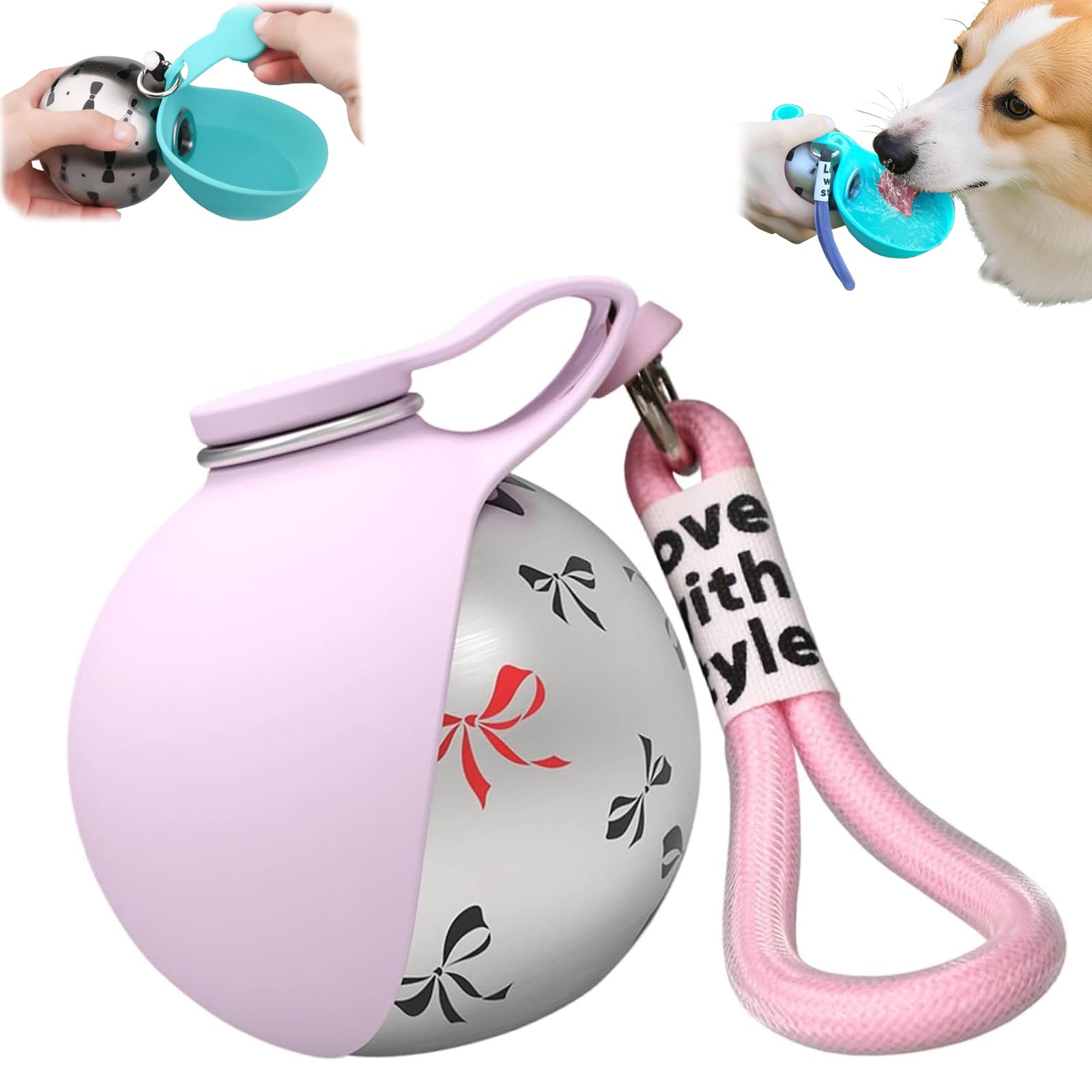2-In-1 Portable Dog Water Bottle And Bowl, Outdoor Travel Drinking Bowl for Small Dogs, Leak Proof, Compact, Stainless Steel Bottle With Silicone Bowl for Walking, Hiking, 285 ml (Pink Bow)