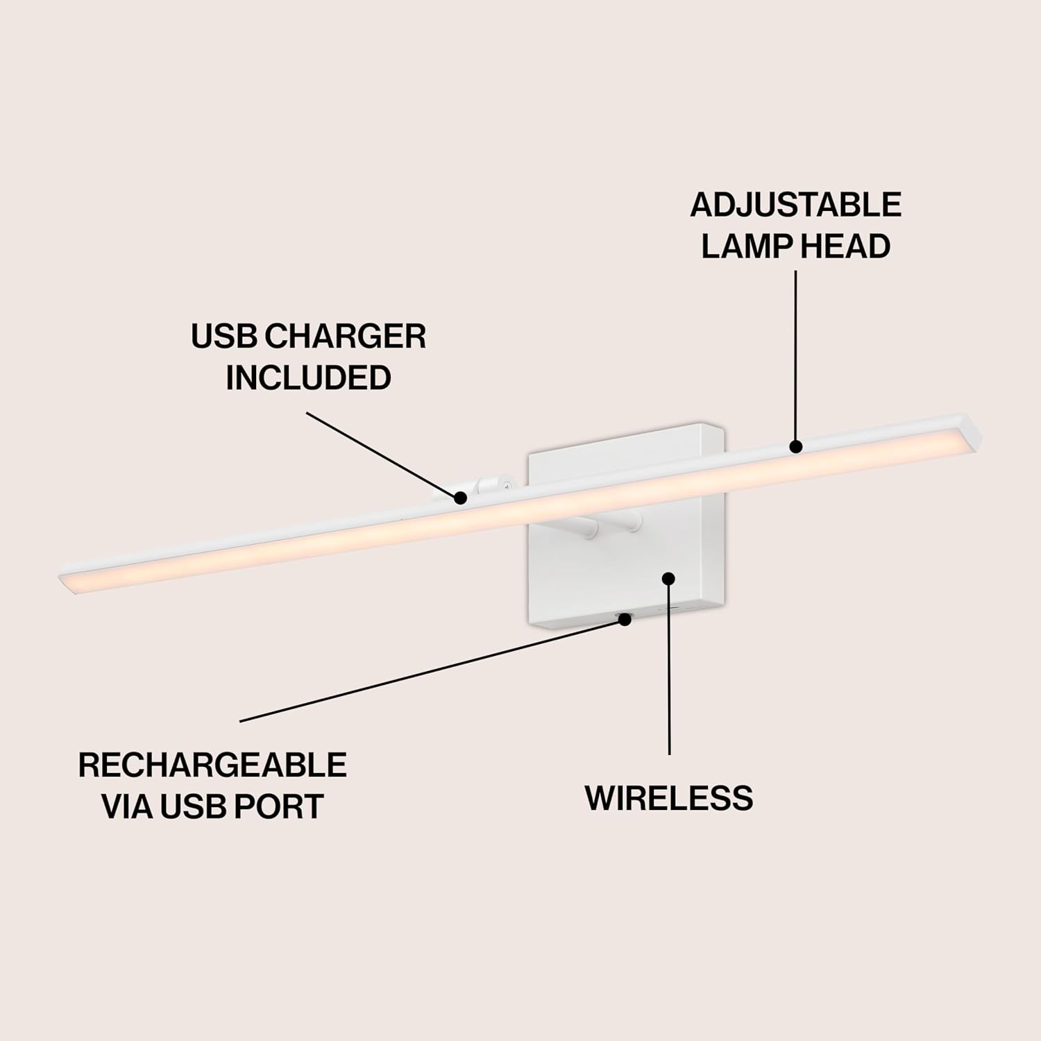 JONATHAN Y 28" White Modern Rechargeable LED Swivel Picture Light, Dimmable Cordless Wall Sconce with Touch Sensor, Wireless Art Lighting for Gallery Mirror Bedroom (JYL7163B)