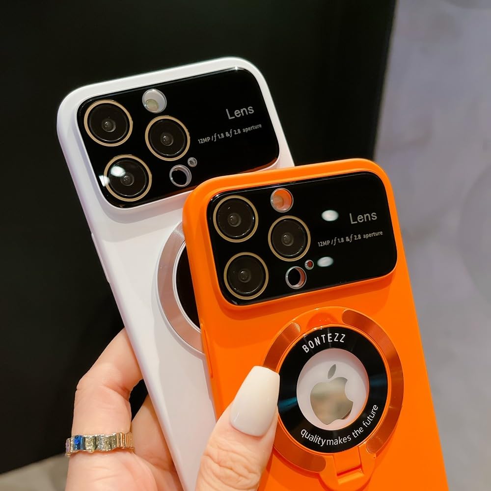 Funda con Soporte para iPhone 15 Pro MAX 14 13 12 11 Pro MAX 15 Plus Soporte Plegable Cubierta de película de Lente Dura magnética, Naranja Transparente, para iPhone 15ProMax