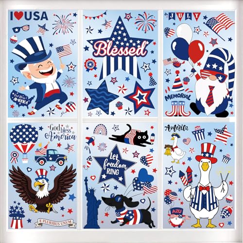 Celltestria 8 Sheets 4th of July Window Clings Patriotic Memorial Day Window Decals 250th Anniversary American Flag Stickers for Independence Day Home Office School Party Gifts Decor Glass Decoration