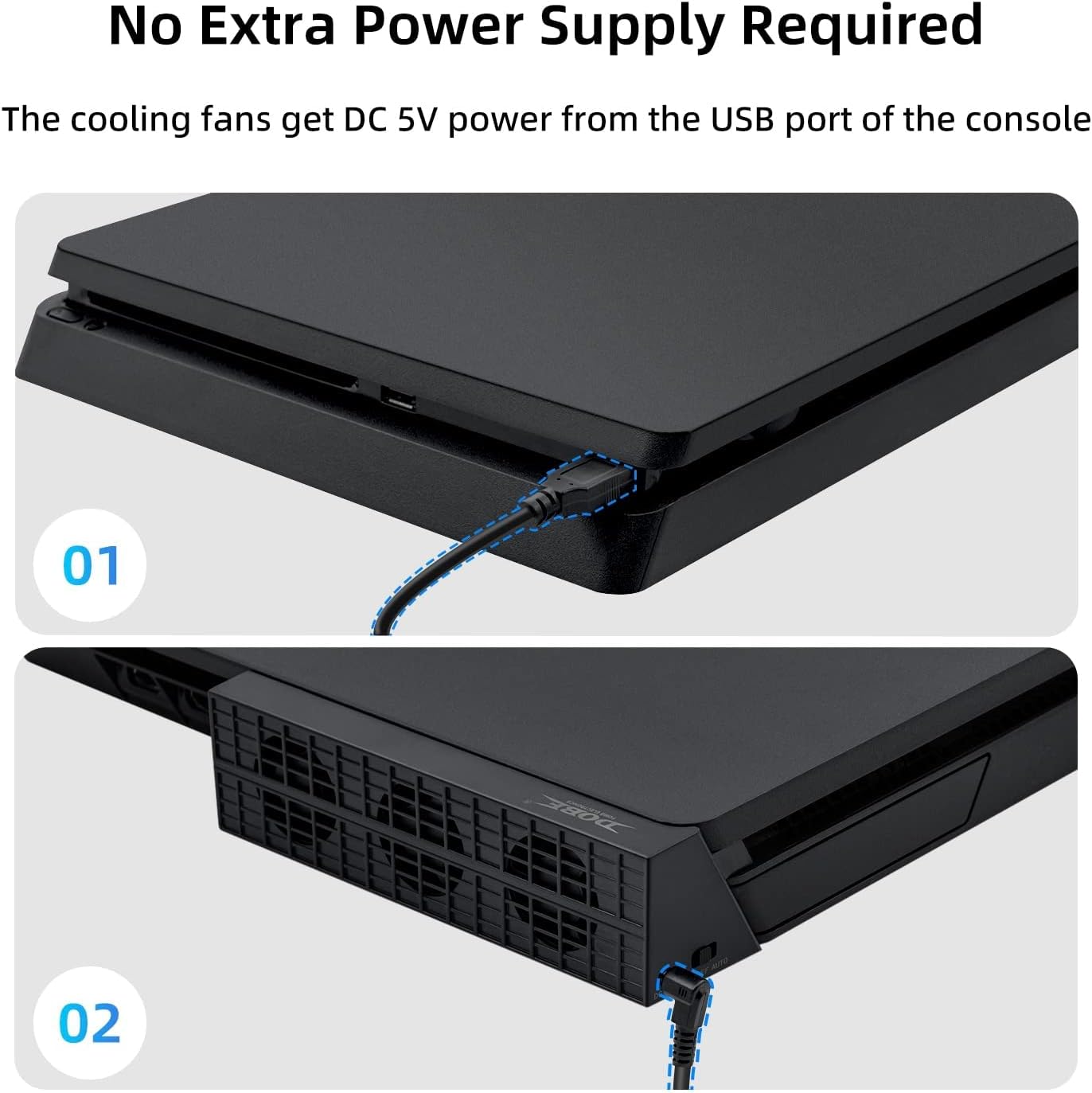 PS4 Slim Cooler - USB External 3-Fan Super Turbo Temperature Cooling Fan with USB Cable Black for Sony Playstation 4 Slim Gaming Console