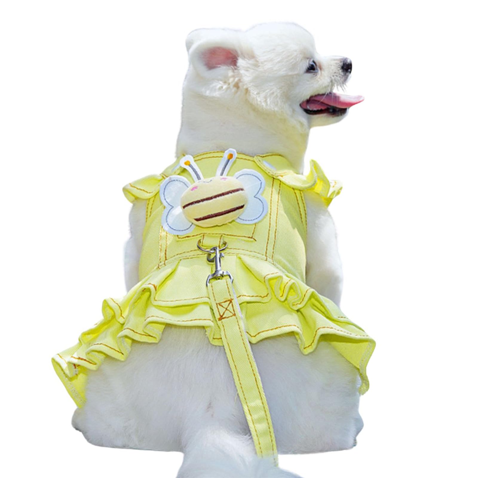 Pet No Pull Harness Set,Cat Dog Denim Dress with D-Ring Leash Bee Pin,Mesh Padded Puppy Harness Princess Dress for Training Walking_2XL(Yellow)