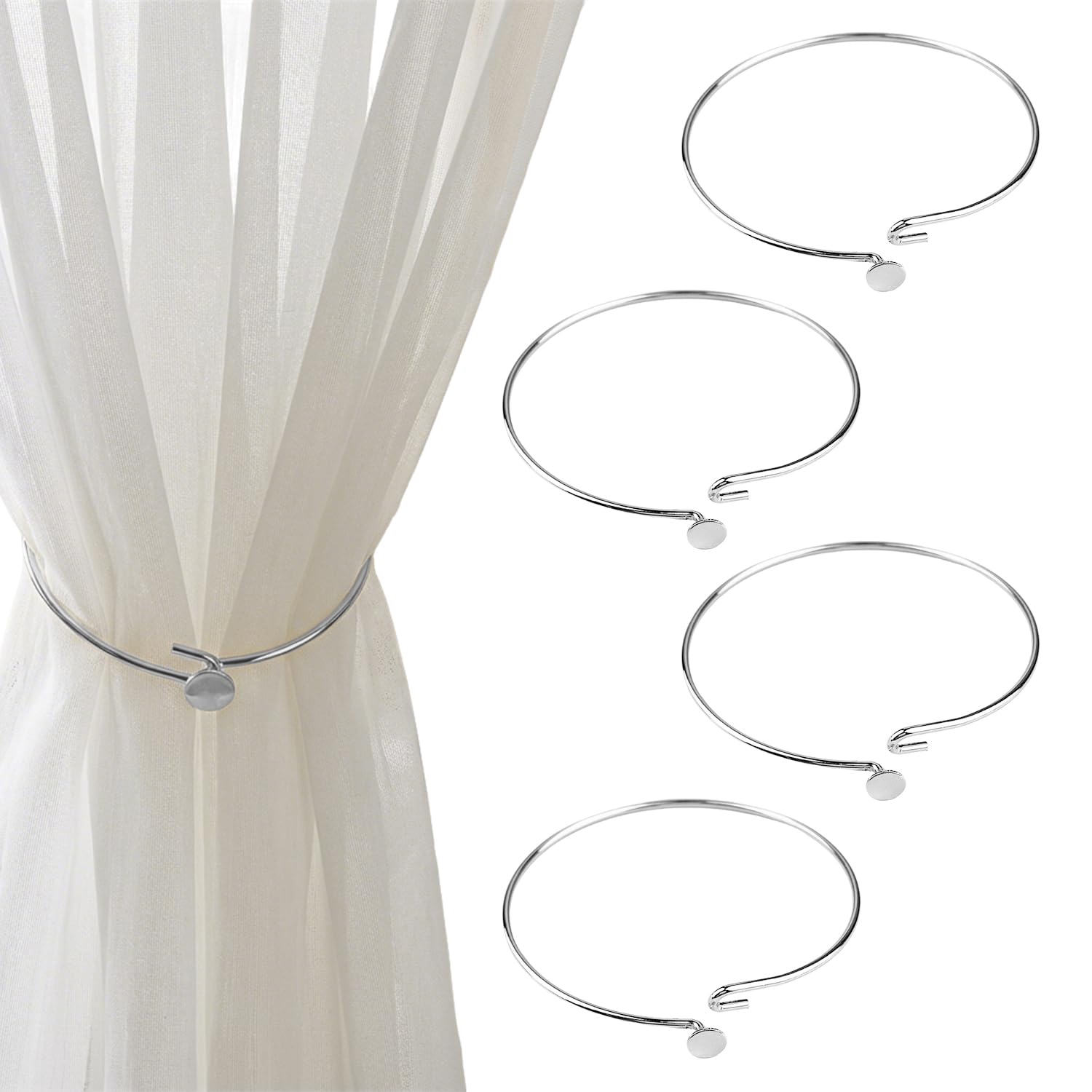 KEJOL 4 Pack Curtain Tie Backs, Modern Simple Silver Curtain Tie Backs Metal Tie Backs for Home, Office, Hotel Thin Window Drapery — image 1