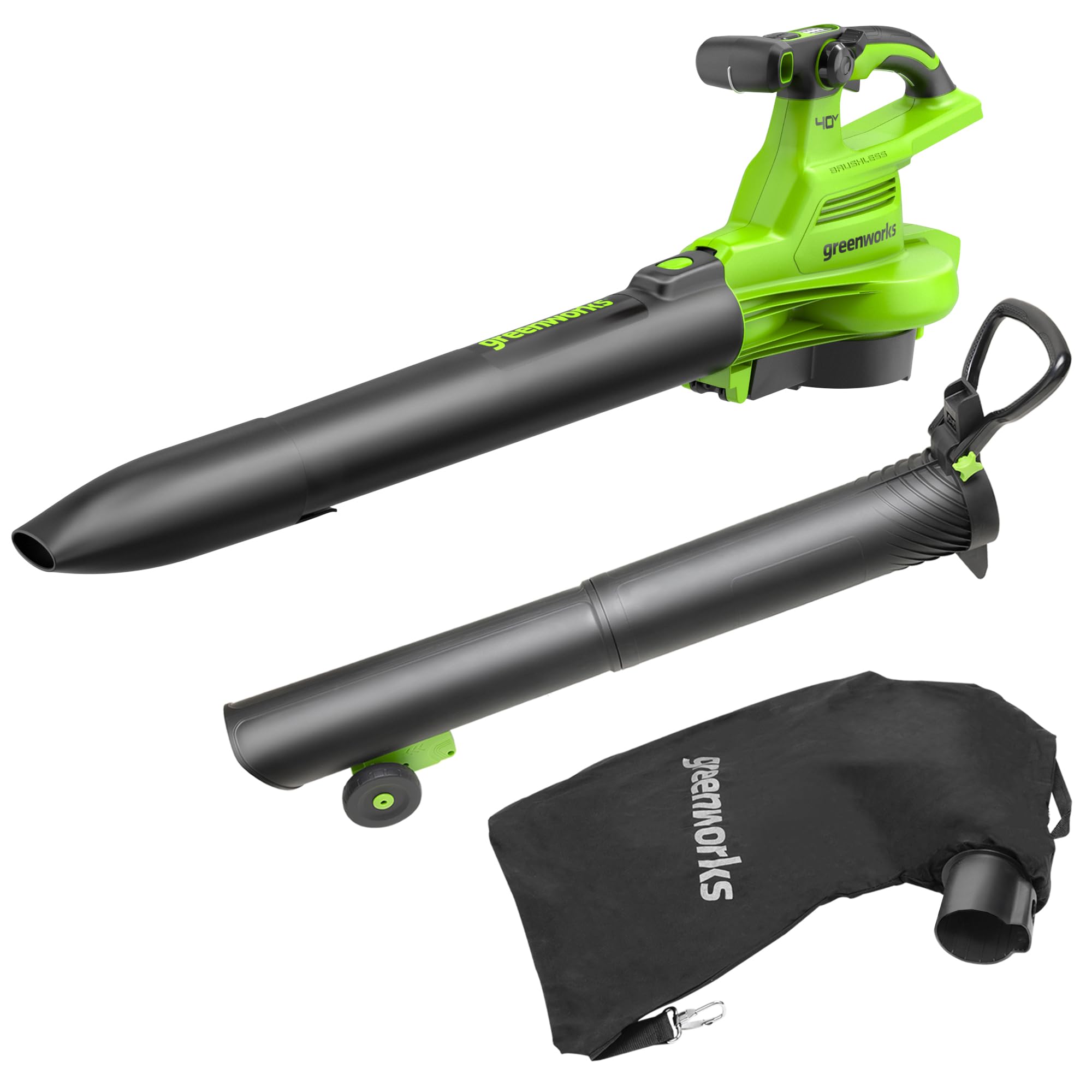 Greenworks 40V Soplador Aspirador de Hojas a Batería con Motor sin Escobillas,​370 km/​h, 14.17 m³/​min, Bolsa Recogedora de 45L SIN Batería de y Cargador, Garantía de 3 Años GD40BVII