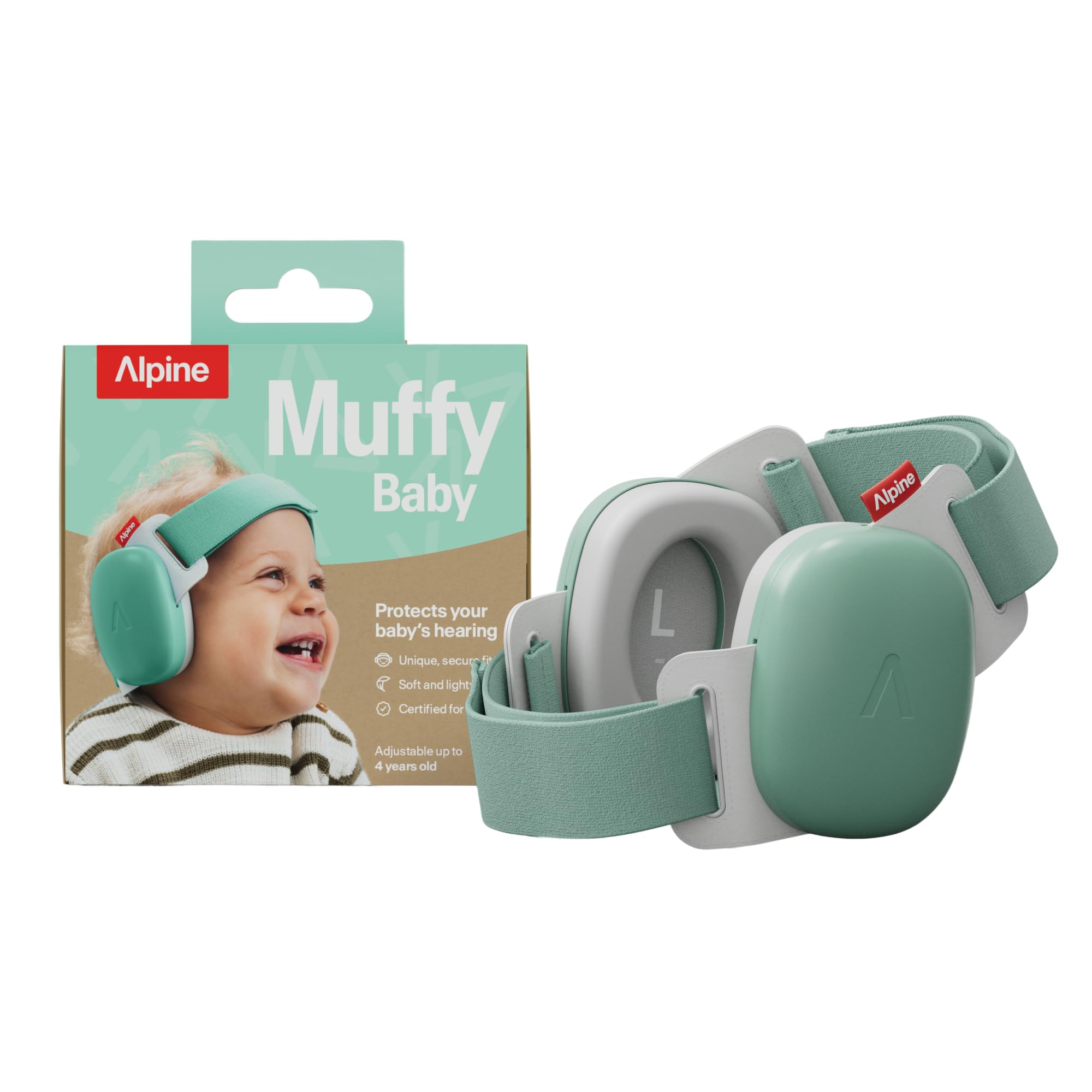Alpine Muffy Baby Comfort, Paraorecchie Migliorati per Neonati e Bambini, Certificato CE, Vestibilità Sicura E Confortevole, Protezione dell'udito Regolabile Fino A 48 Mesi, Attenuazione 24 dB, Verde