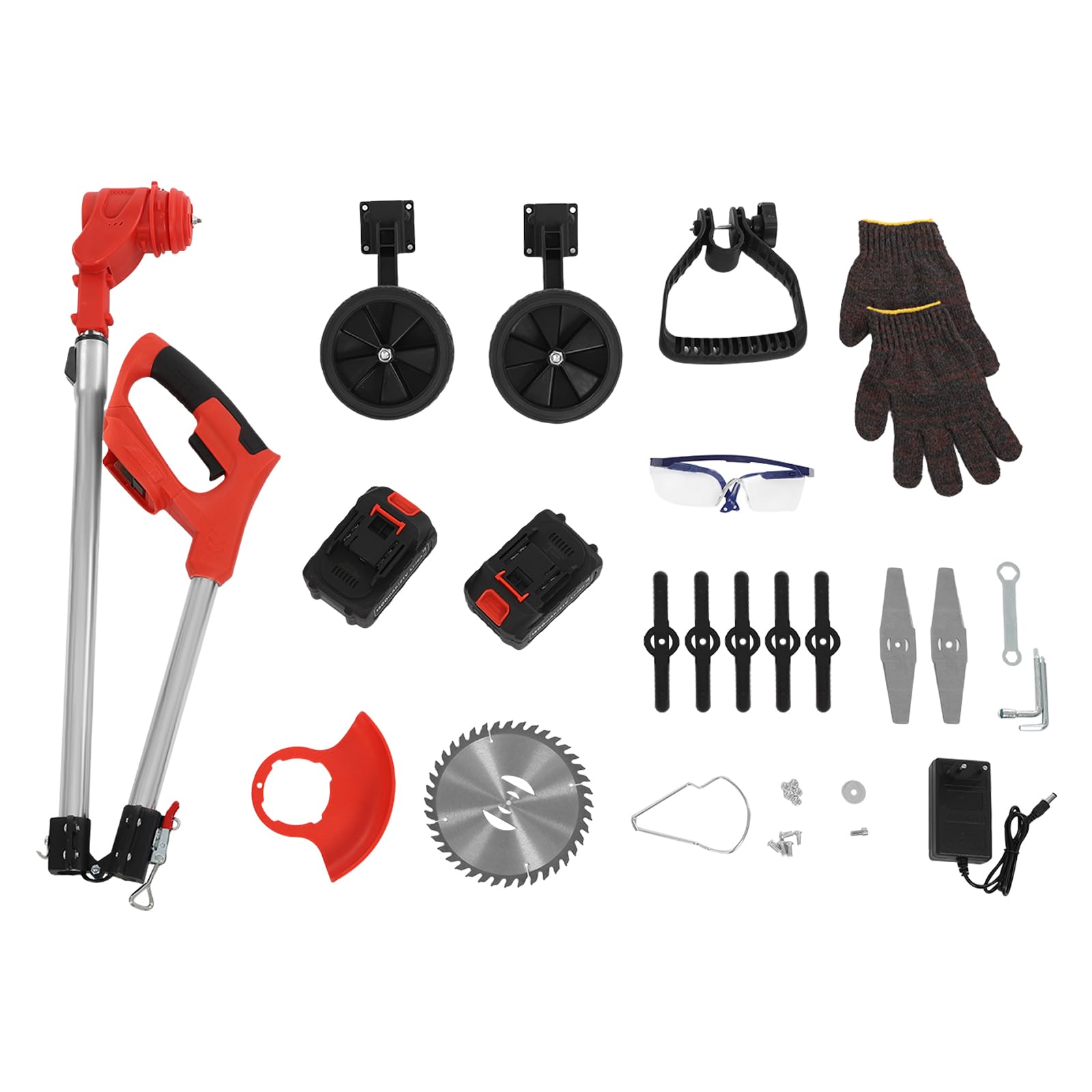 Cortacésped con batería 3 en 1, 800 W, con varilla telescópica ajustable (120 – 151 cm), cargador y batería de respaldo de 1000 mA, cabezal de corte de 0 – 90°, dispositivo de eliminación de malas