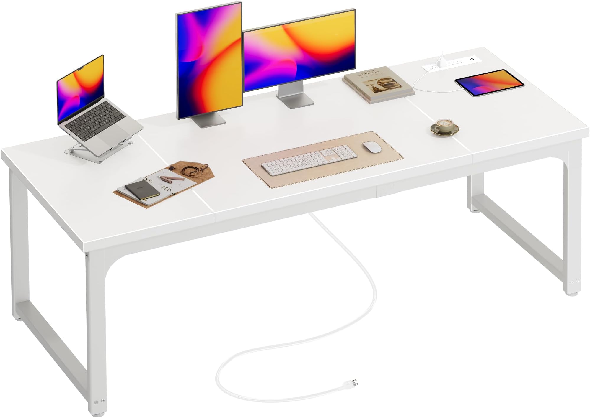 Huuger 63 x 24 inch Desk with Power Outlets & USB-C, Deeper & Thicker Desktop, Robust Metal Tubes, Computer Desk, Heavy Duty Office Desk, Work Gaming Desk, for Home Office, White