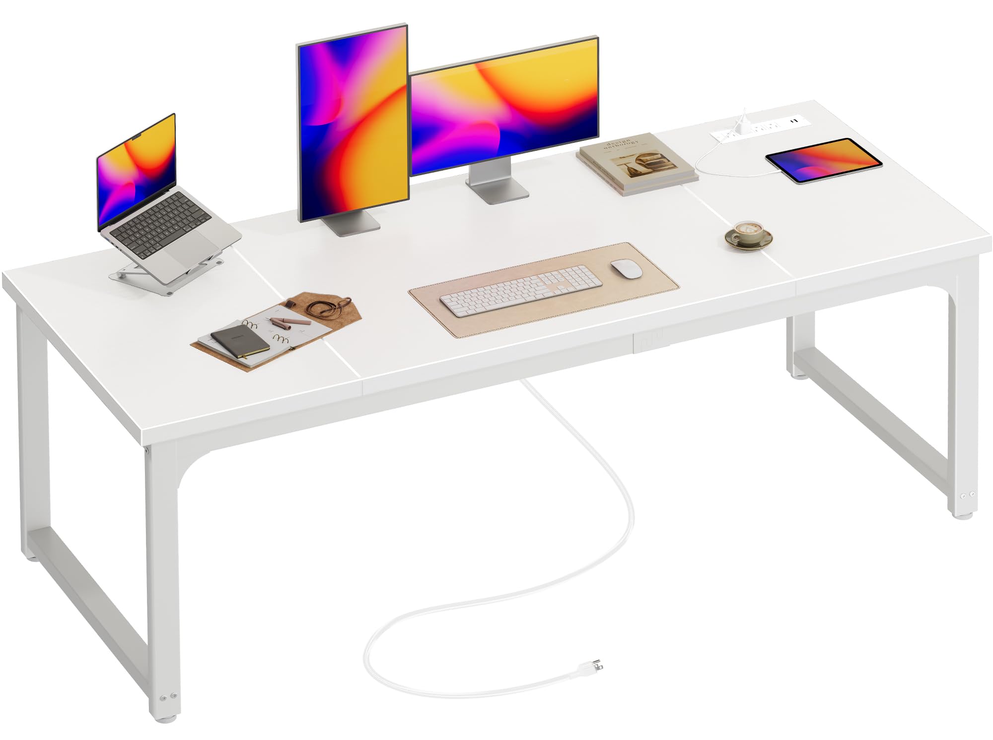 Huuger 63 x 24 inch Desk with Power Outlets & USB-C, Deeper & Thicker Desktop, Robust Metal Tubes, Computer Desk, Heavy Duty Office Desk, Work Gaming Desk, for Home Office, White