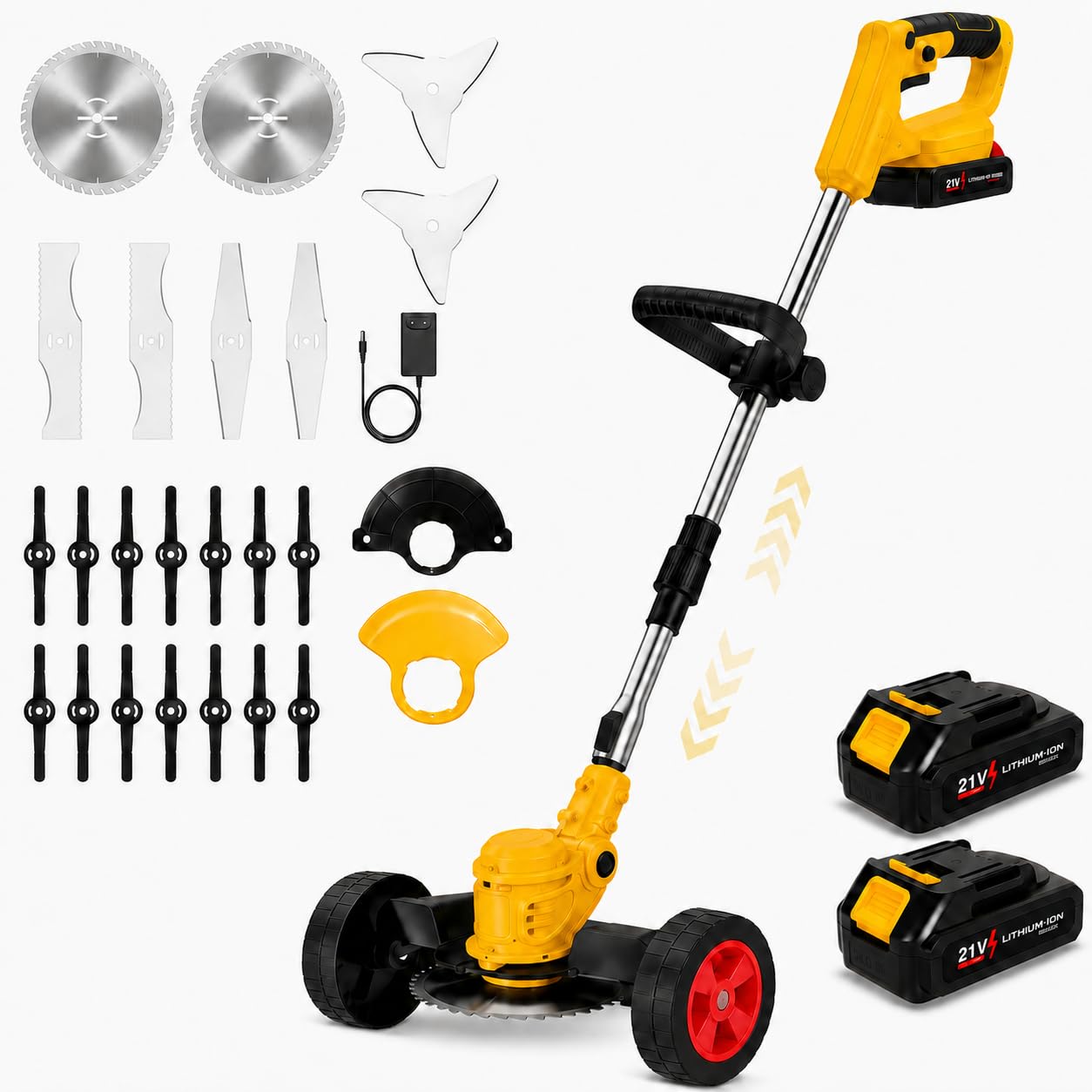Cortacesped Electrica 1800W, Desbrozadora Bateria Plegable, Baterías 3000 mAh,4 Cuchillas,7800 RPM，Mango Extensible y Cabezal Regulable,para Césped y Malas Hierbas